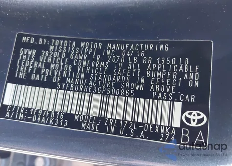 2016 Toyota Corolla Le из США, поврежденный, VIN 5YFBURHE3GP500865